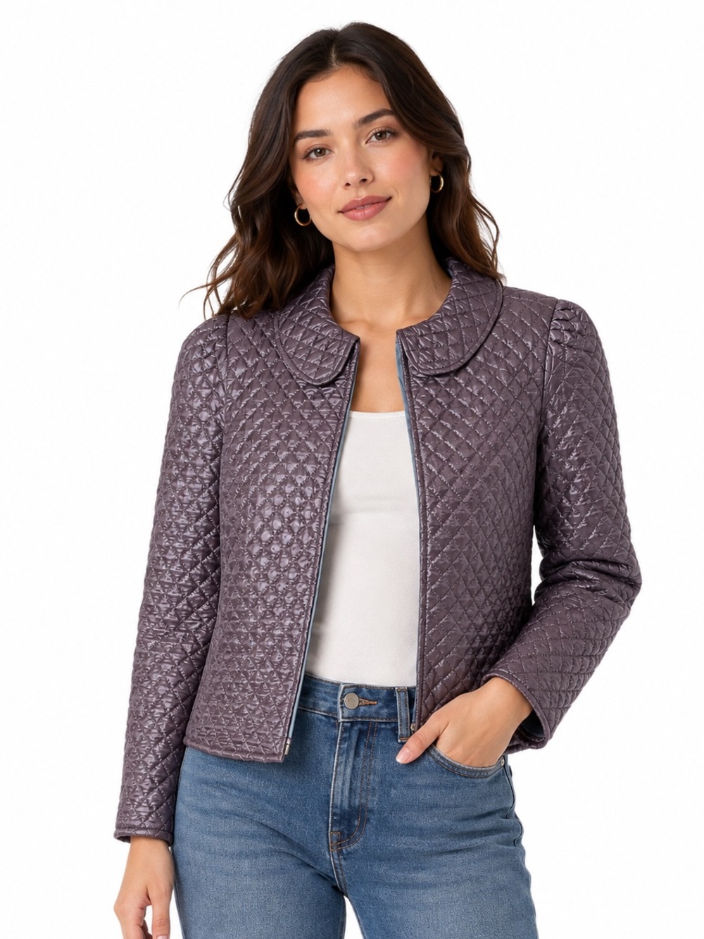 Urban Outfitters Trinity Satin Diamond Quilted Zip Jacket Womens SZ S Balletcore